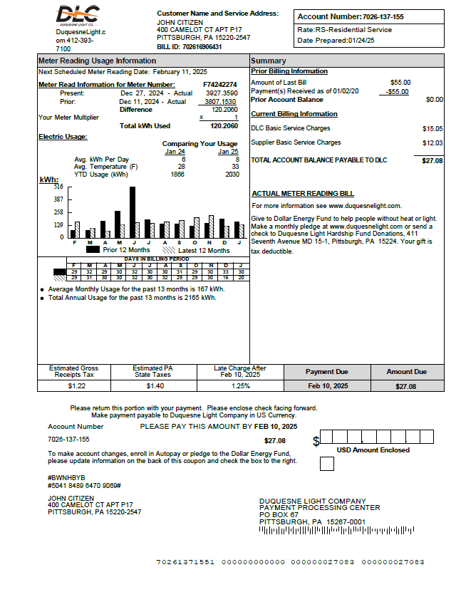 USA Duquesne Light Company utility bill template in Word and PDF formats